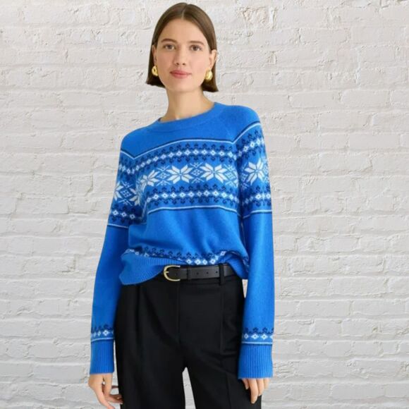 J.Crew Fair Isle Sweater XS Merino Wool Alpaca Blue Crewneck Long Sleeve - Picture 1 of 13